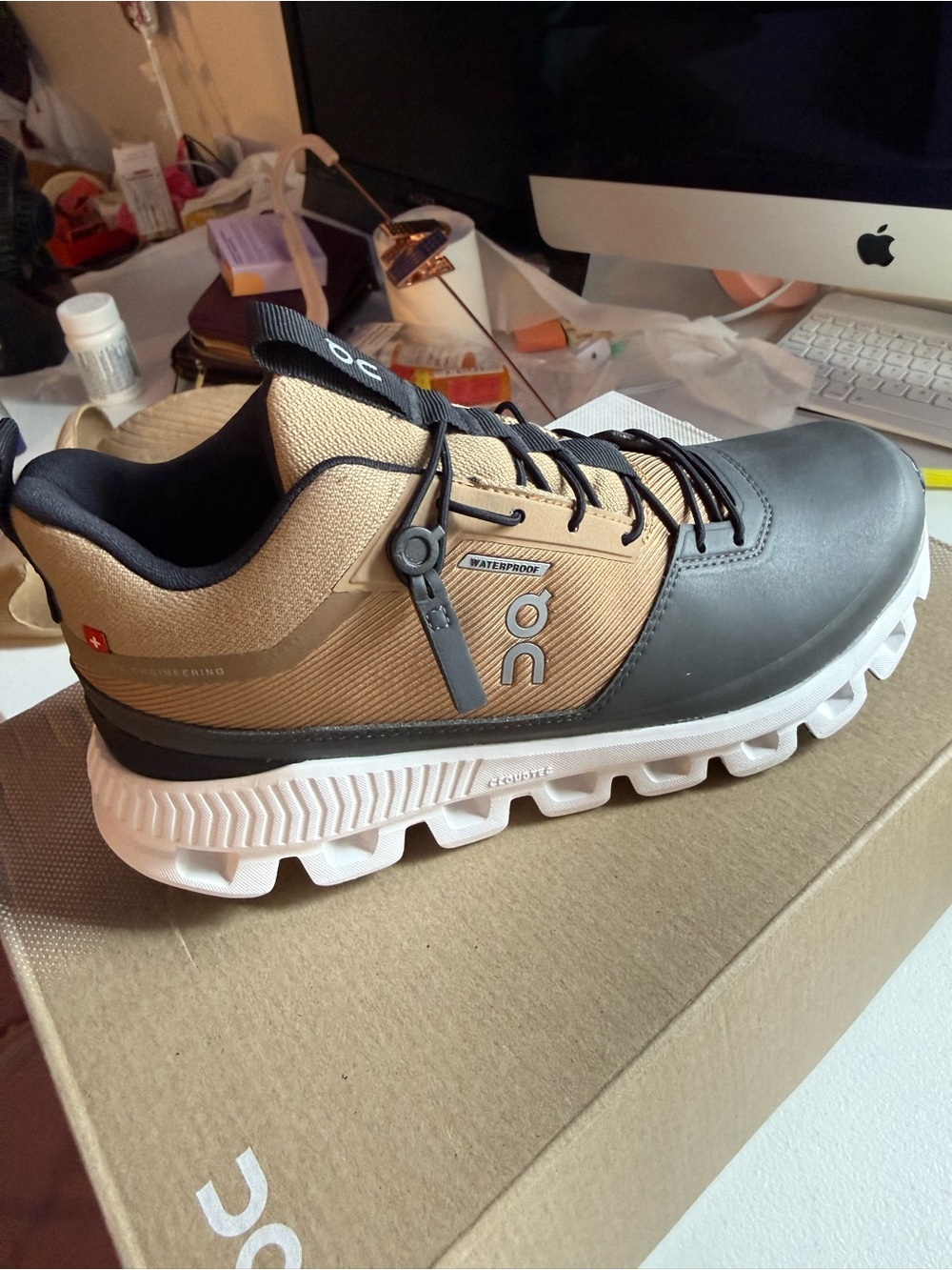 On Running Men's Athletic Shoe in Tan and Black - Picture 6 of 12
